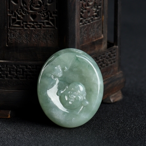 糯种灰绿翡翠弥勒佛吊坠