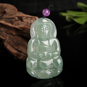 糯冰种灰绿翡翠观音吊坠