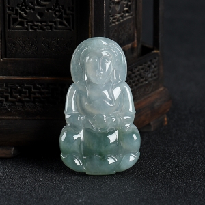 糯冰种飘花翡翠观音吊坠