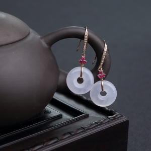 18K金镶钻糯冰种翡翠平安扣耳坠