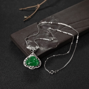 18K金镶钻糯种翠色翡翠佛吊坠