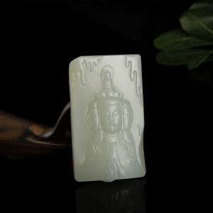 籽料和田青白玉三面佛吊坠