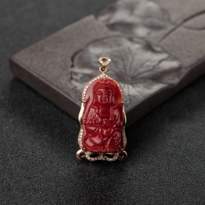 18K金镶钻阿卡正红珊瑚观音吊坠