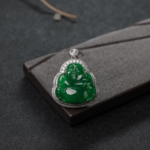 18K金镶钻糯冰种翠色翡翠佛吊坠