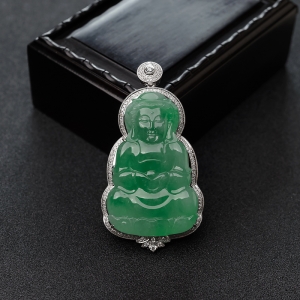 18K金镶钻糯种苹果绿翡翠观音吊坠