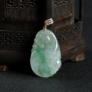 糯冰种飘翠翡翠福寿如意吊坠
