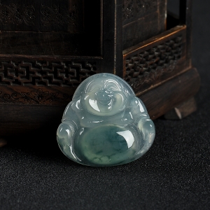 糯冰种飘花翡翠弥勒佛吊坠