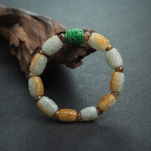 糯种俏色翡翠镂雕回纹桶珠单圈手串