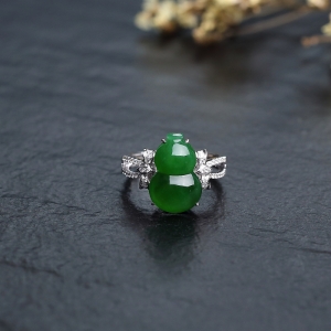 18K金镶钻糯冰种深绿翡翠葫芦套装