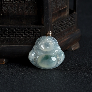 18K糯冰种飘花翡翠弥勒佛吊坠