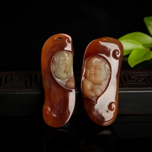 糯种红翡金童玉女吊坠