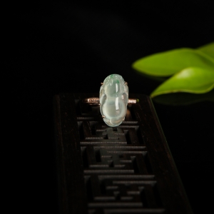 18K糯冰种飘翠翡翠招财进宝戒指