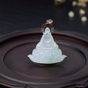 18K金镶糯冰种浅绿翡翠佛吊坠