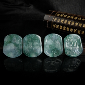 糯冰种飘花翡翠琴棋书画套装吊坠