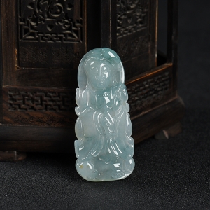 糯种飘花翡翠观音吊坠