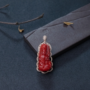 18K金镶钻阿卡正红珊瑚观音吊坠