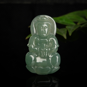 糯种灰绿翡翠观音吊坠