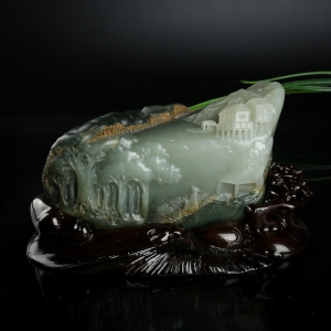 籽料俏色和田玉山水图摆件