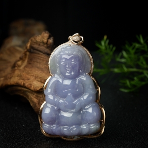 18K金镶钻糯种紫罗兰翡翠观音吊坠