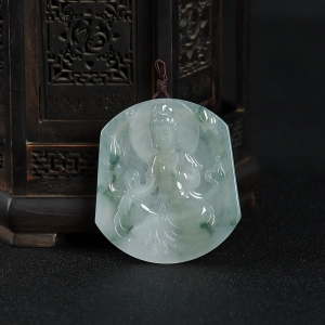 糯种飘花翡翠观音吊坠