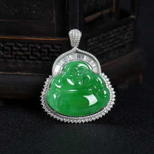 18k糯种翠绿翡翠弥勒佛吊坠