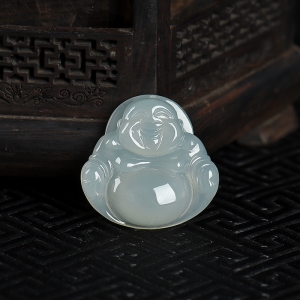 糯冰种灰绿翡翠弥勒佛吊坠