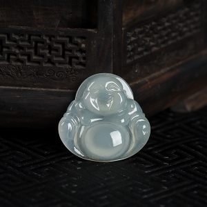 糯冰种灰绿翡翠弥勒佛吊坠