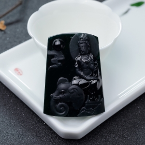 糯种墨翠普贤菩萨吊坠