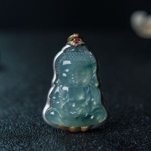 18K金镶冰种飘花翡翠宝宝佛吊坠