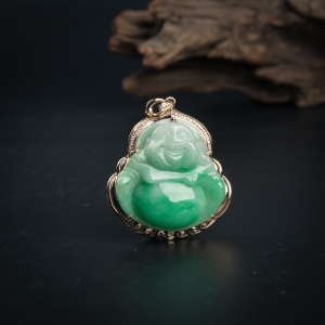 18K豆种飘翠翡翠弥勒佛吊坠