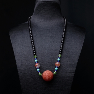 柿子红南红回纹珠项链