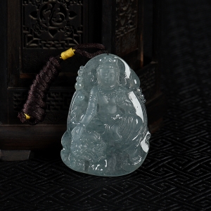 糯冰种飘花翡翠文殊菩萨吊坠