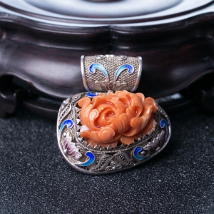 银镶MOMO珊瑚牡丹花吊坠