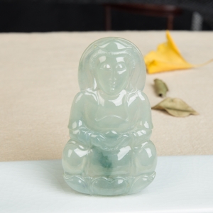 糯冰种飘花翡翠观音吊坠