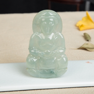 糯冰种飘花翡翠观音吊坠