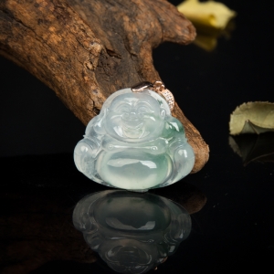 银镶糯冰种飘花翡翠弥勒佛吊坠