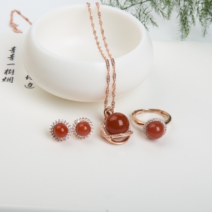 银镶柿子红南红三件套套装