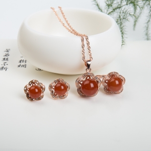 银镶柿子红南红三件套套装