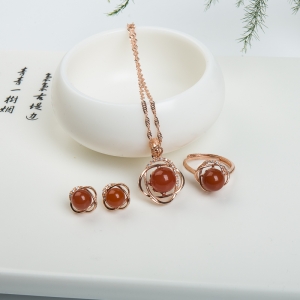 银镶柿子红南红三件套套装