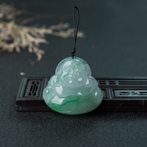 糯冰种飘翠翡翠弥勒佛吊坠