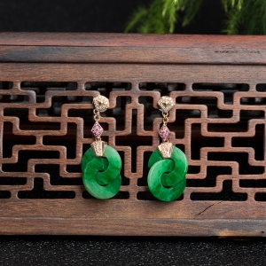 18k糯种翠绿翡翠平安扣耳坠