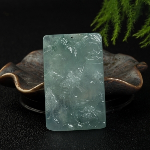 糯冰种飘花翡翠山水牌吊坠