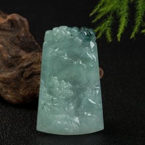 糯冰种飘花翡翠山水牌吊坠