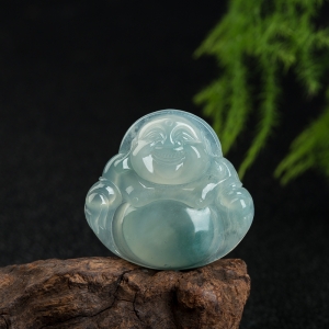 糯冰种飘花翡翠弥勒佛吊坠