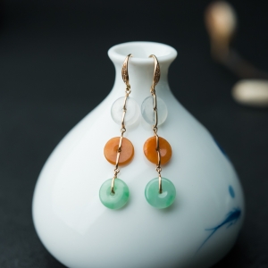 18K糯冰种三彩翡翠平安扣耳环