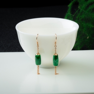 18K糯种深绿翡翠桶珠耳坠