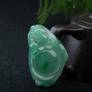 糯冰种飘翠翡翠弥勒佛吊坠