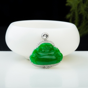 18K糯冰种翠绿翡翠弥勒佛吊坠