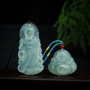 糯冰种晴水翡翠观音佛吊坠（对）