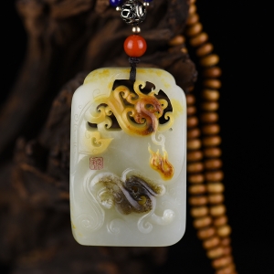 籽料俏色和田白玉龙凤吊坠